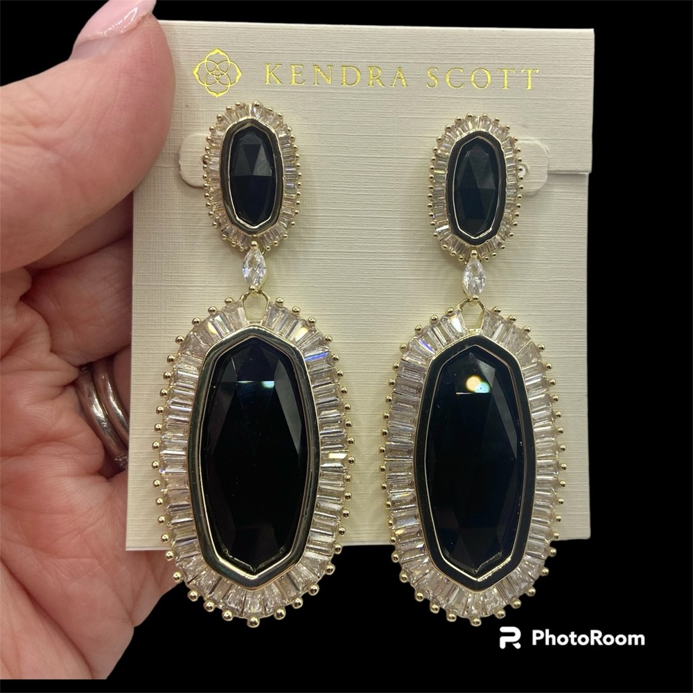 EUC Kendra Scott Luxe Black Crystal Gold Statement Earrings